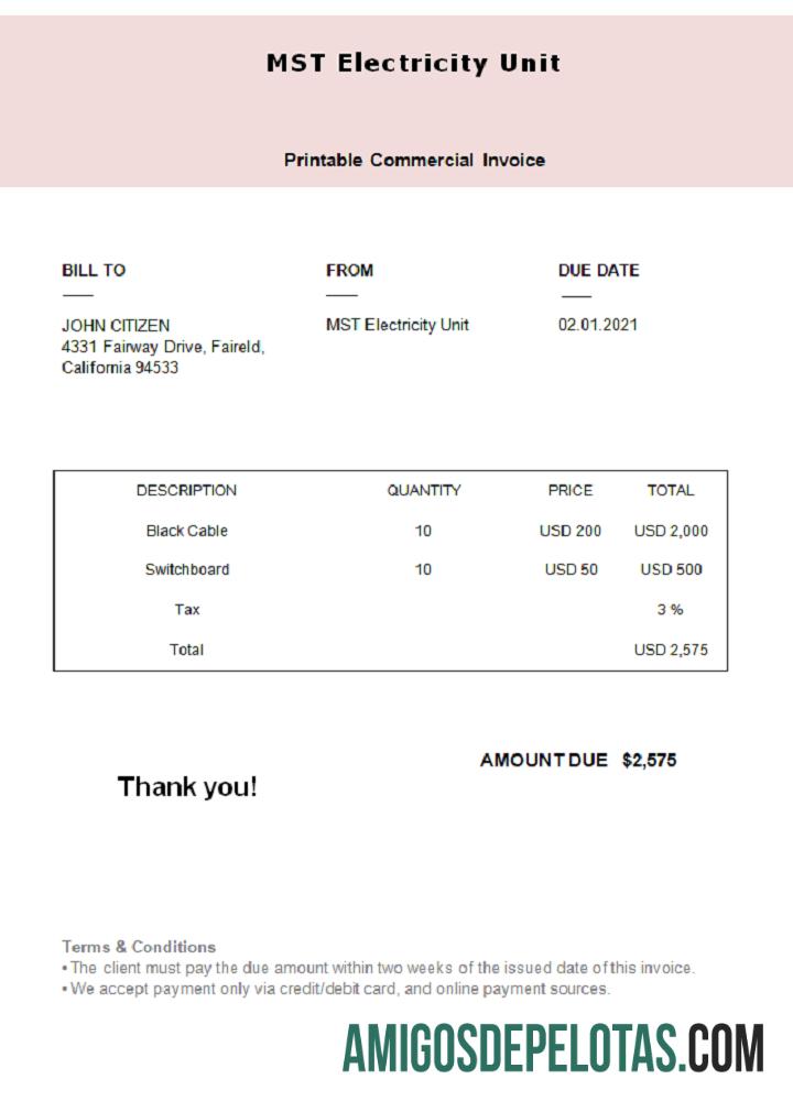 Fatura da Unidade de Eletricidade MST dos EUA modelo